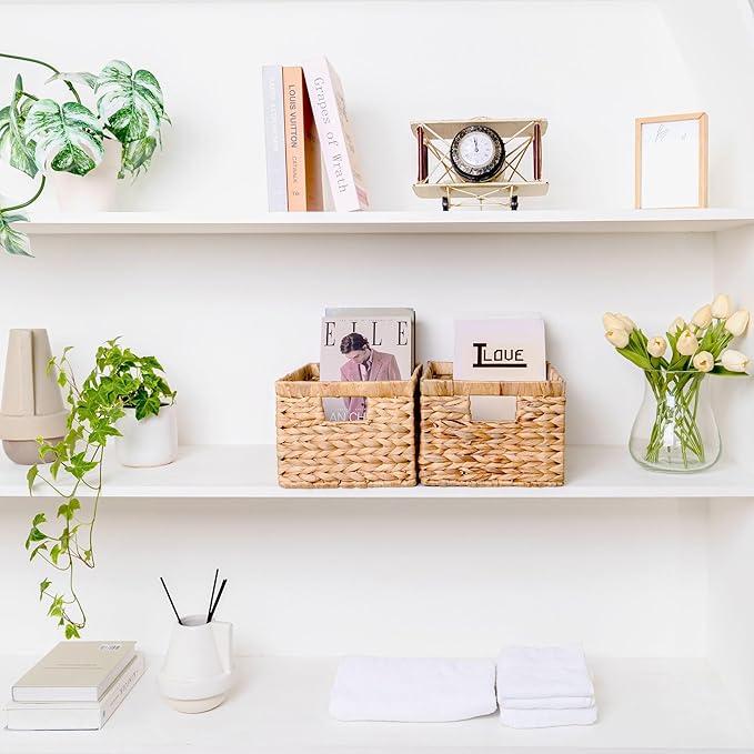 Set of 6 Wicker Storage Basket, Water Hyacinth Storage Baskets, Wicker Storage Baskets for Shelves (Combo 2 Sets SML)