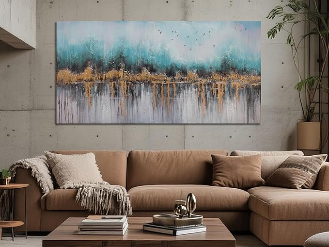 Ardemy Teal Abstract Canvas Wall Art for Living Room Landscape Painting Bedroom Turquoise Grey Panoramic Textured Picture Artwork Framed, Wall Art for Men Home Office Wall Decor Large 48"x24"