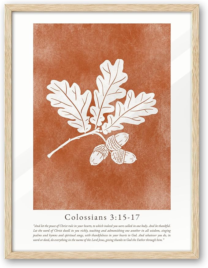 EcoHest Vintage Christian Fall Framed Wall Art, Large 16x20 in OAK Wood Burnt Orange Bible Verse Canvas Wall Art,Botanical Scripture Colossians Faith Home Decor, Set of 1 for Bedroom Living Room