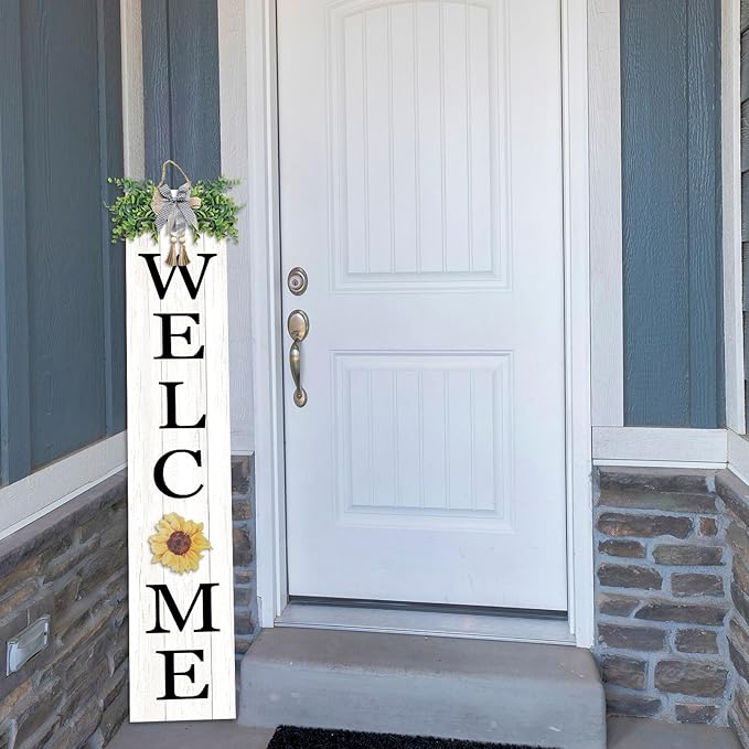 Interchangeable Outdoor Welcome Sign for Front Porch Standing 47"×8" Set of 3 Large Wood Frame with 12 Pcs Icons Vertical Tall Leaner Outside Welcome Sign for Front Door Decor (White)