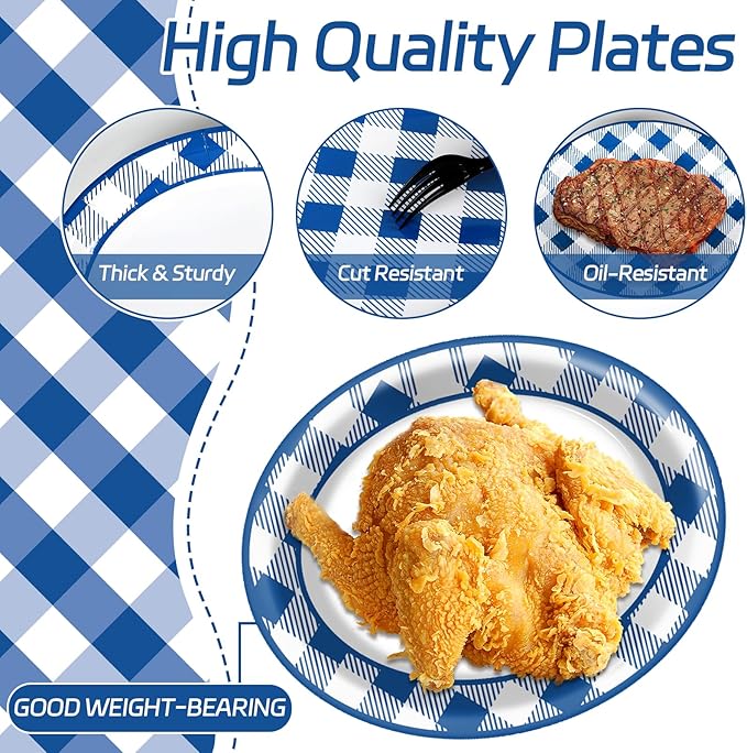 Gingham Oval Paper Plates 11inch Blue and White Checkered Plates and Napkins, Blue and White Plaid Birthday Tableware Outdoor for BBQ Gathering Picnic Blue Boys Theme Party Supplies, 25 Guest