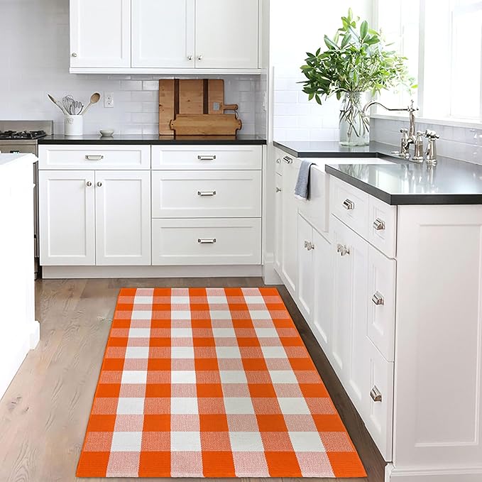 KOZYFLY Buffalo Plaid Rug 3x5 Ft Orange and White Checke Orange Rug Halloween Fall Door Mat Woven Cotton Washable Area Rugs Door Mat Outdoor Entrance for Front Porch Entryway Fall Farmhouse