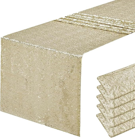 6 Packs 12 x 108 inches Champagne Gold Sequin Table Runner, Glitter Champagne Table Runner for Wedding Birthday Bachelorette Holiday Party Supplies Decorations Bridal Shower Baby Shower