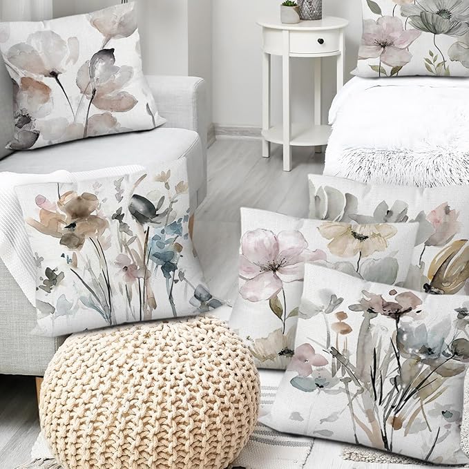 Brown White Grey Pillow Covers 16x16 Set of 6, Watercolor Flower Throw Pillow Cover for Couch, Modern Floral Cushion Cover for Sofa Bedroom Living Room Farmhouse Home Decor