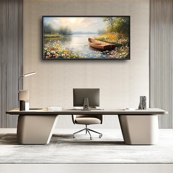 Framed Large Wall Art for Living Room, Lake Boat Canvas Wall Decor, Flower Pictures Painting, Natural Landscape Artwork for Living Room Bedroom Office 60L'' × 30W''