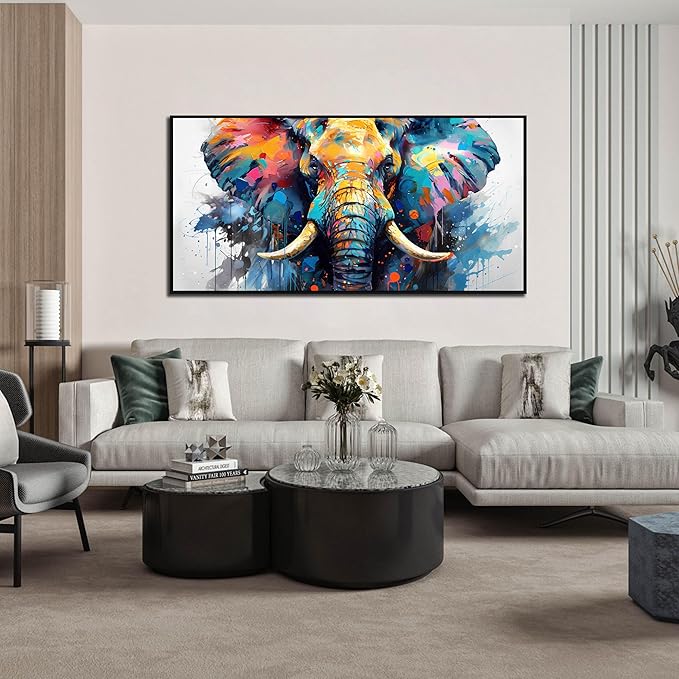 ZHAOSHOP Elephant Wall Art for Living Room - Blue Canvas Wall Art for Office - Teen Bedroom Decor Boys with Black Framed Size 24" x 48"