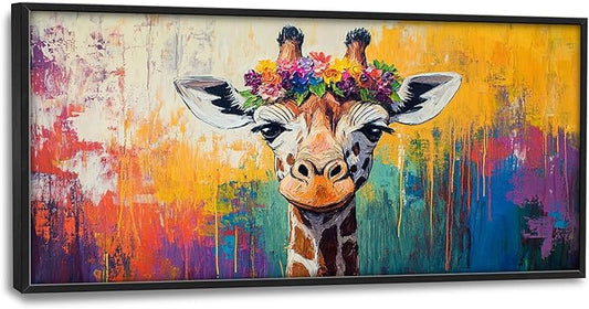 Framed Large Wall Art for Living Room, Banksy Deer Canvas Wall Decor, Large Giraffe Picture Framed Painting, Modern Artwork for Bedroom Office 60L'' × 30W''