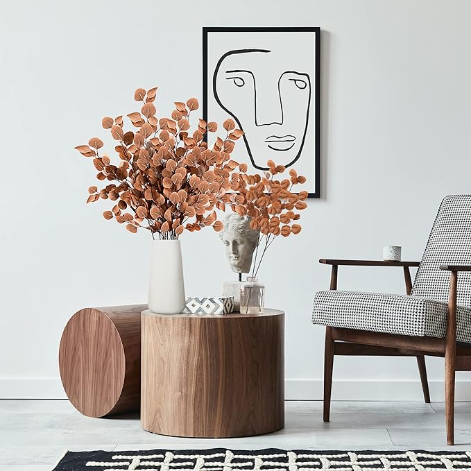 Sggvecsy 6 Pcs Fall Artificial Eucalyptus Stems Long Silver Dollar Leaves Fake Silk Eucalyptus Leaf Branches for Indoor Home Autumn Festival Thanksgiving Decor(Dark Brown)