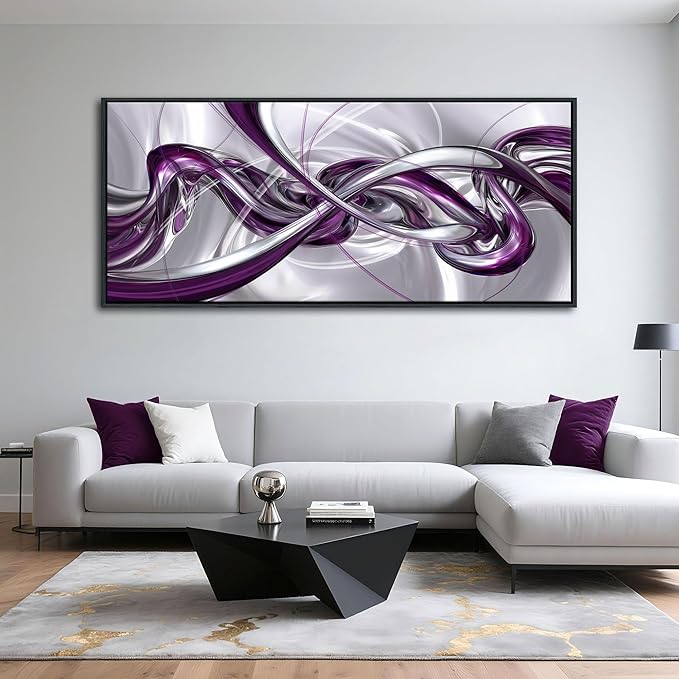 Pogusmavi Purple Wall Art - Modern Framed Canvas Abstract Art for Living Room Silver Wall Decor, Office Artwork, Bedroom Pictures, Contemporary Prints, Paintings for Decorations