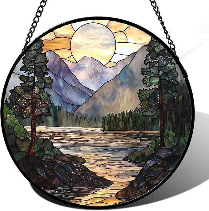 Stained Glass Window Hanging, Sunset Mountains Lake Tree Sun Catcher for Window Home Decor Landscape Suncatcher Mother's Day Birthday Gifts for Women Men Mom and Nana 15 in