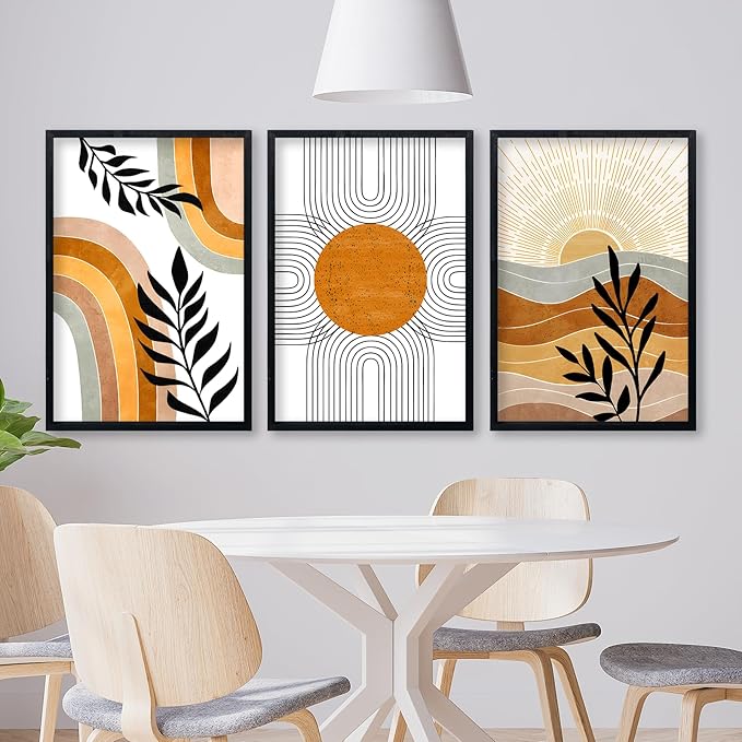 Geometric Sun Desert Plant Wall Art 16"x24" Set Of 3 Boho Wooden Framed Abstract Minimalist Sign Living Room Aesthetics Botanical Nature Illustrations Bedroom Office Wall Hanging Decor (Black)