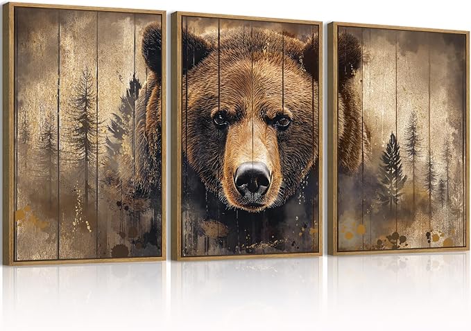 ANHUIB Brown Bear Wall Art 16x24 Inch Forest Paintings Rustic Wildlife Wall Decor Set of 3 for Living Room Bedroom Dining Room