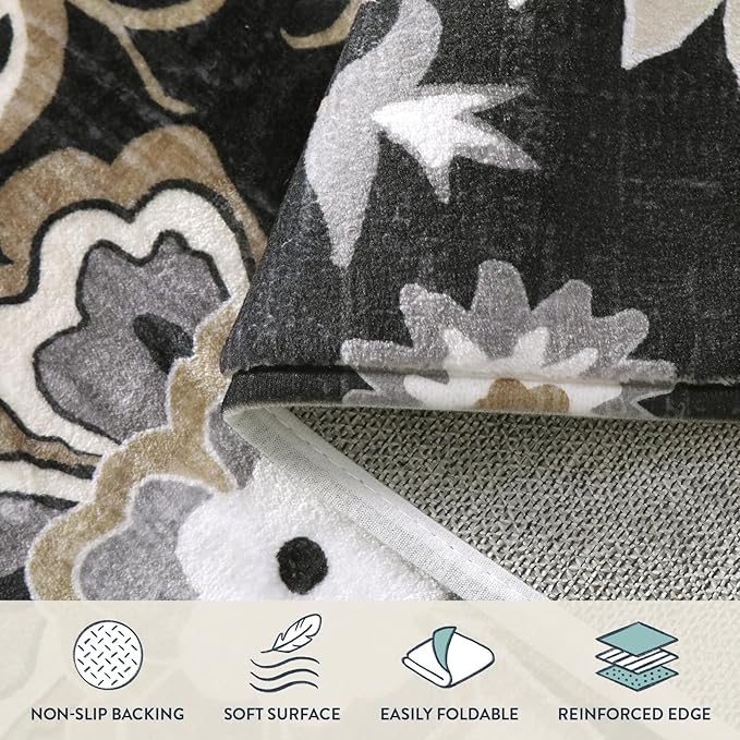 Lahome Floral Washable Area Rugs - 2x3 Non-Slip Small Entryway Rug Indoor, Throw Stain Resistant Kitchen Rugs Soft Black Paisley Print Bathroom Mats DoorMat Carpet for Bedroom Laundry Living Room Sink