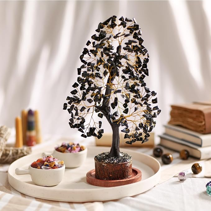 Black Tourmaline Crystal Tree of Life, Chakra Pendant Gemstone Tree, Chakra Healing Tree for Home Decor, Gifts for Women, Bonsai Trees for Positive Energy, Office Desk Decor, Room Decor 10-12"