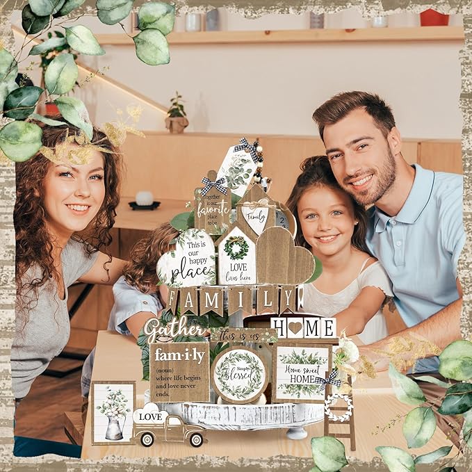 Yaomiao 21 Pcs Farmhouse Tiered Tray Decor Set Rustic Farmhouse Wood Decor Sign Item Vintage Rustic Family Gather Blessed Tiered Tray This is Our Happy Place Sign for Home Kitchen Table Shelf(Leaves)