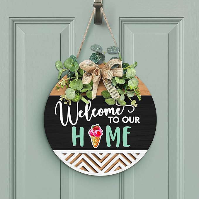 GOSSBY Interchangeable Welcome Sign for Front Door - WELCOME TO OUR HOME - Seasonal Rustic Wood Wreath - Hanging Wall Sign Decoration for Outside, Porch, Farmhouse - New Home, Housewarming Gift