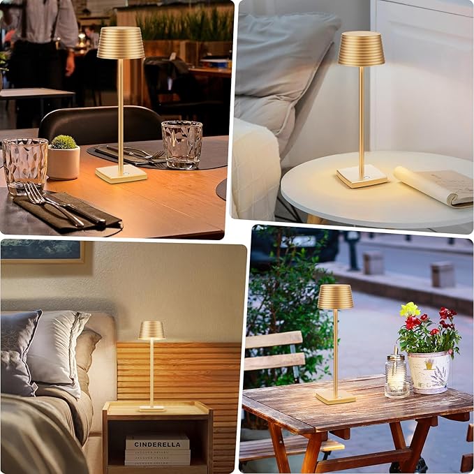 Cordless Table Lamps Rechargeable,Battery 6000mAh LED Portable Lights for Outdoor/Patio/Restaurant/Indoor Desk Lamp - IP54 Waterproof 3 Colors Stepless Dimming (Gold)