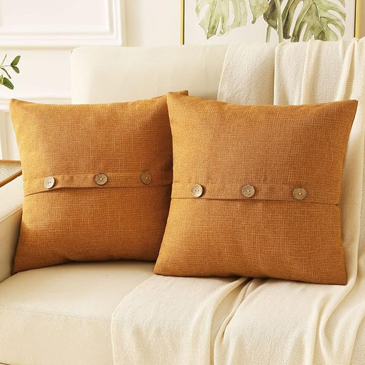 HAUSSY Burnt Orange Linen Decorative Throw Pillow Covers 22x22 Inch Set of 2,Square Cushion Case with 3 Vintage Buttons,Modern Farmhouse Home Decor for Couch,Bed