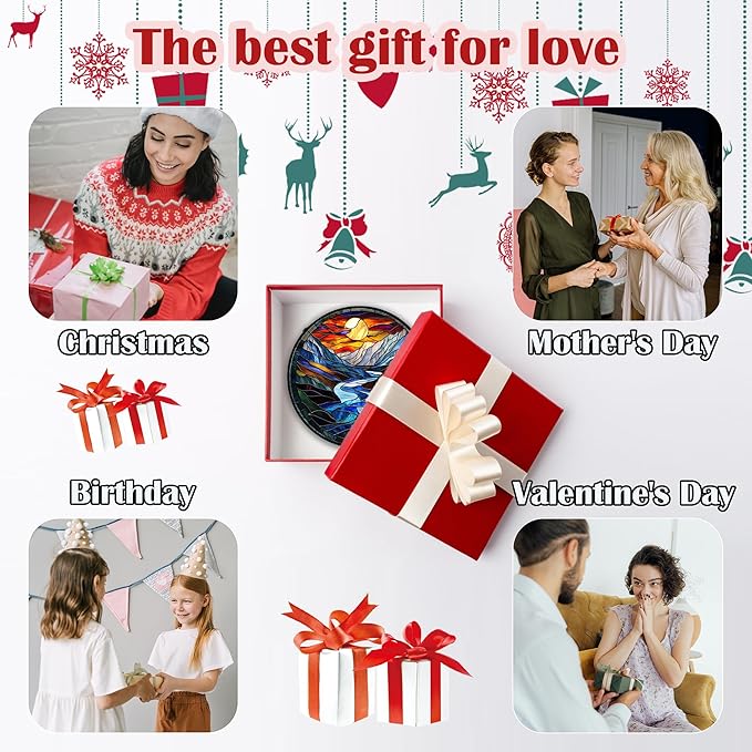 Stained Glass Window Hanging, Canyon Mountains Sunset View Sun Catcher for Window Home Decor Landscape Suncatcher Mother's Day Birthday Gifts for Women Men Mom and Nana 11.8 in