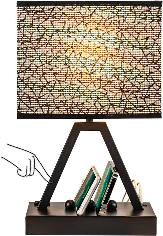 Briever Touch Control Table Lamp, 3-Way Dimmable Desk Lamp with USB C & A and AC Outlet, Bedside Lamp with Phone Stands for Bedroom, Living Room, Office, LED Bulb Included, Black Shade