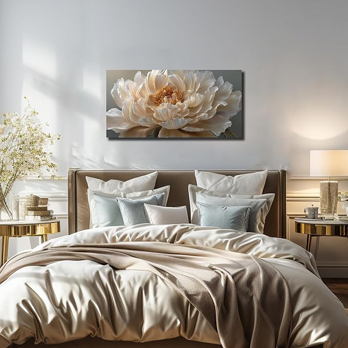 Ouzzlie Flower Canvas Wall Decor for Bedroom Living Room Office White Wall Art Floral Picture Art Light Yellow Peony Modern Artwork Posters 20"x40"