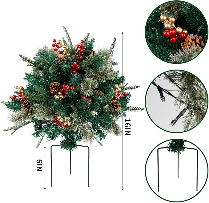 Glintoper Lighted Artificial Christmas Urn Filler, Pre-lit Xmas Pine Trees with Cones, Golden & Red Berries, Tripod Stake and 60 LED Lights, Outdoor Light Up Planter Filler Holiday Home Decor, 2 Pack