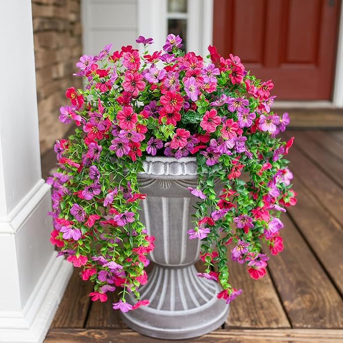 HyeFlora Artificial Flowers for Outdoors Fake Hanging Decoration, 2Pcs Purple and Hotpink Spring Decor, Realistic Plants, UV & Fading Resistant Silk Flower for Porch Patio Balcony Planter Yard
