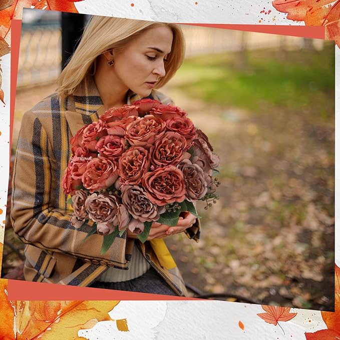 Geosar 16 Bundles Artificial Peonies Flowers Fake Silk Peony Bouquet Faux Peonies Flowers Bulk for Decoration Vase Florals Arrangements Wedding Party Table (Orange,Brown)