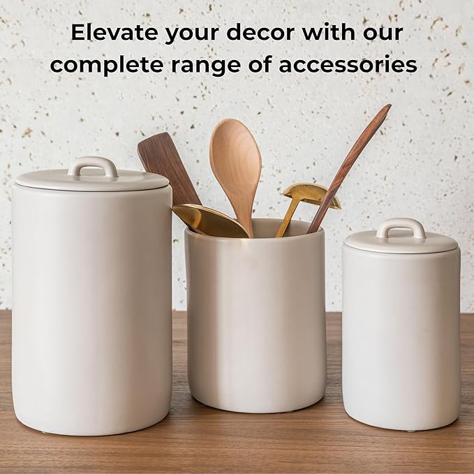 Ceramic Large Kitchen Utensil Holder for Countertop, 7"x5.9", Stable & Sturdy, Cooking Utensils Holder, Smooth & Matte Cream Color,Silicone Pads, Utensil Organizer for Kitchen Counter Decor