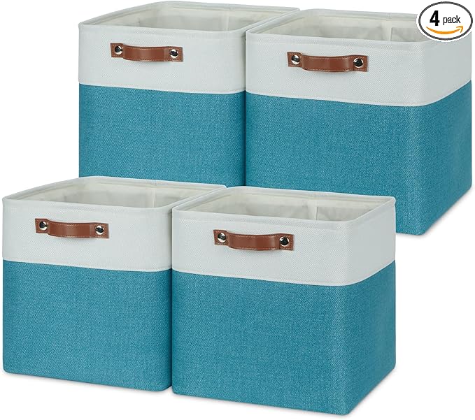 Temary Baskets Storage 12 Inch Fabric Storage Cubes Storage Baskets with Handle, Large Cube Storage Bins for Storage Books, Blankets, Clothes Baskets for Gift (White&Teal)