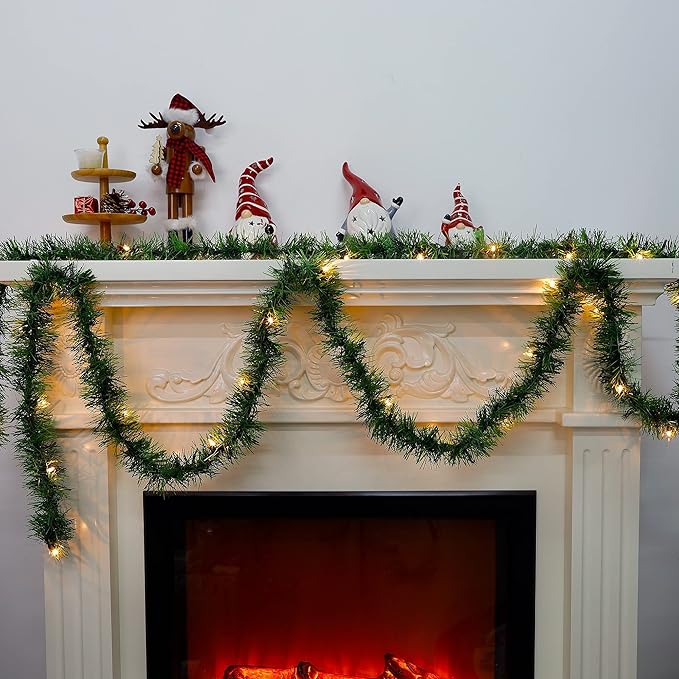 Biswing 15FT Pre-lit Christmas Green Garland Upgrade, Lighted Artificial Pine Garlands with 35 Count Clear Lights, Connectable & Light Up for Indoor Outdoor Home Winter Holiday New Year Decorations