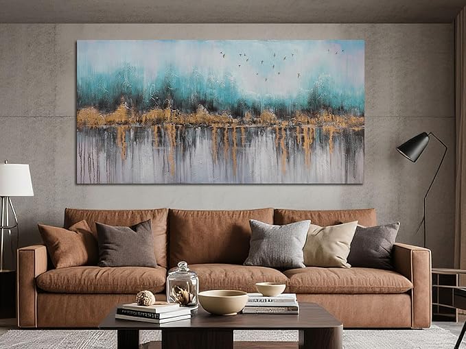 Ardemy Teal Abstract Canvas Wall Art for Living Room Landscape Painting Bedroom Turquoise Grey Panoramic Textured Picture Artwork Framed, Wall Art for Men Home Office Wall Decor Extra Large 58"x29"