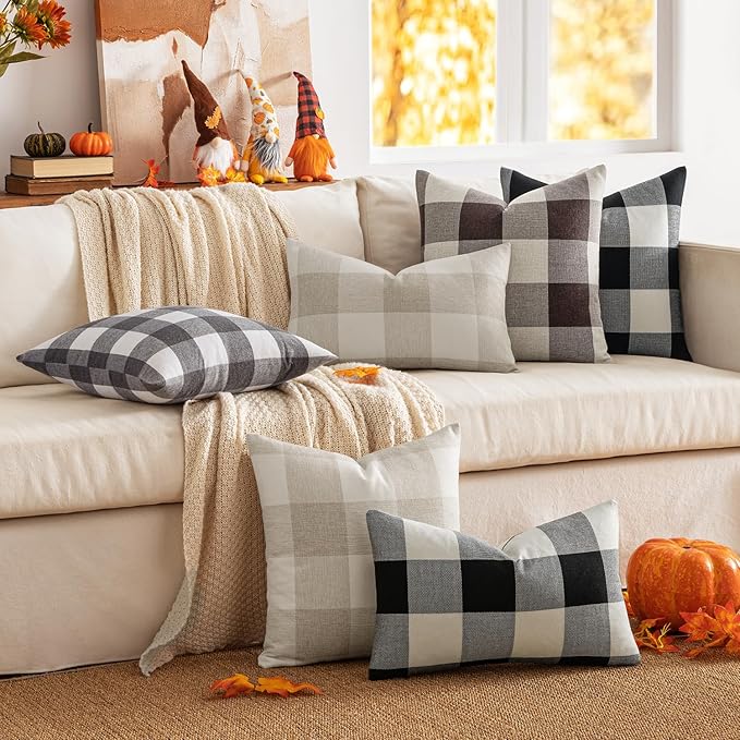 MIULEE Pack of 2 Farmhouse Buffalo Check Plaids Polyester Linen Soft Solid Cream White Decorative Throw Pillow Covers Home Decor Outdoor Cushion Case for Sofa Bedroom 16 x 16 Inch 40 x 40 cm