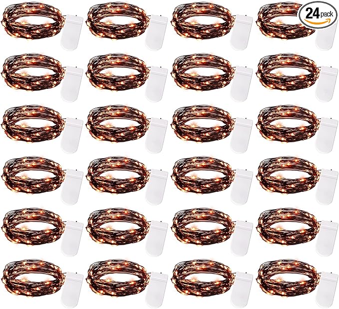 Brightown 24 Pack LED Fairy Lights Battery Operated String Lights Waterproof Silver Wire 7 Feet 20 LED Firefly Starry Moon Lights for DIY Wedding Party Bedroom Patio Christmas (Orange, 24 Pack)