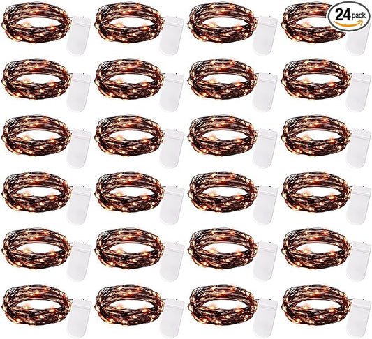 Brightown 24 Pack LED Fairy Lights Battery Operated String Lights Waterproof Silver Wire 7 Feet 20 LED Firefly Starry Moon Lights for DIY Wedding Party Bedroom Patio Christmas (Orange, 24 Pack)