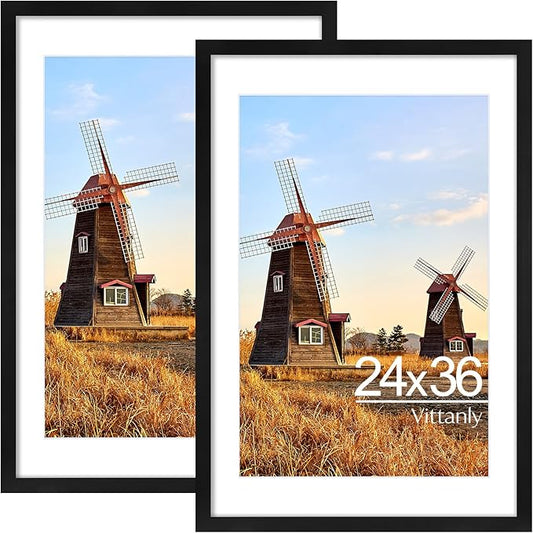 Vittanly 24x36 Picture Frame with Plexiglass - Large Black Poster Frame for Wall Display - Includes 20x30 Mat, Made of Durable PVC Design - 2 Pack