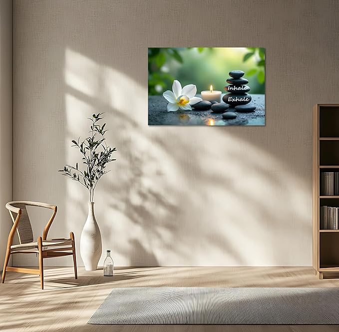 YIOZHAOFH Louts Wall Art Yoga Room Painting Zen Office Decor Women Spa Picture Calming Relax Canvas Prints Inhale Exhale Artwork Framed for Living Room Ready to Hang (24L x 36W)