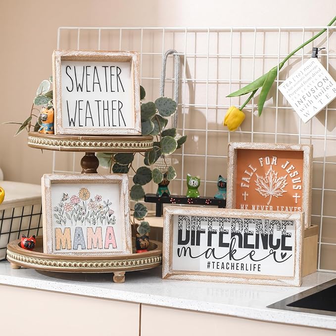 Embossed Sweater Weather Sign, Rustic Fall Decorations for Home, Fall Centerpieces for Table Cubicle Desk Mantel Fireplace, Autumn Tiered Tray Decor