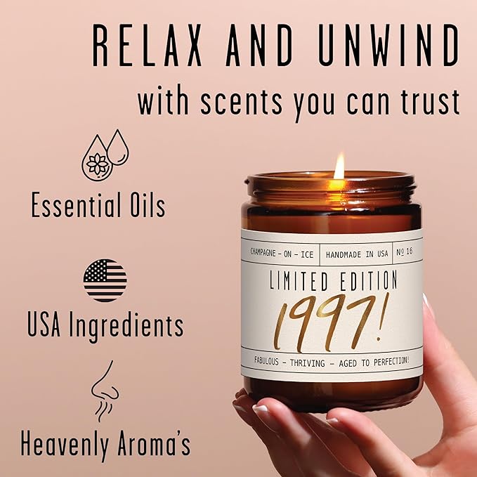28th Birthday Gifts for Women - 'Limited Edition 1997' Soy Candle, w/Champagne on Ice I 28 Birthday Gifts for Women I 28th Gift for Her Ideas I 9oz Reusable Jar, 50Hr Burn, Made in USA