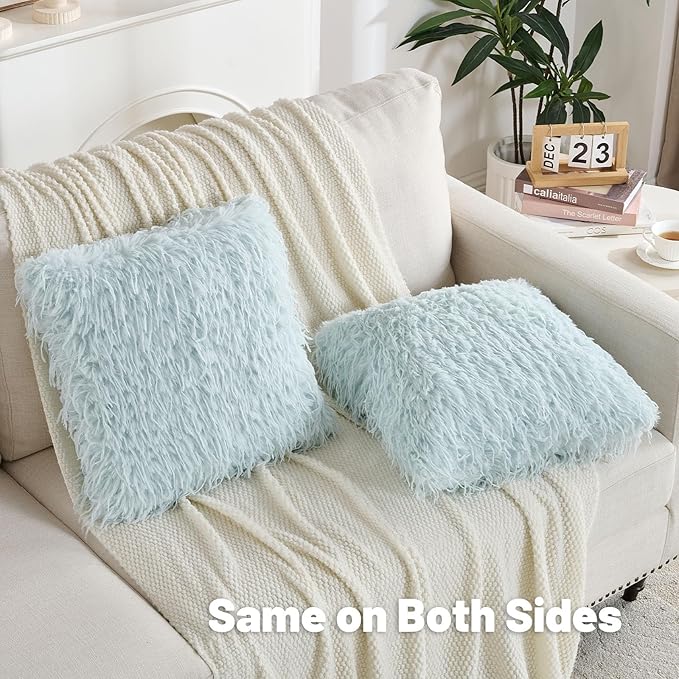 FUTEI Light Blue Decorative Throw Pillow Covers 20x20 Inch Set of 2,Soft Fluffy Faux Feather Texture Cushion Cases,Modern Home Luxury Decor for Couch Bed Living Room
