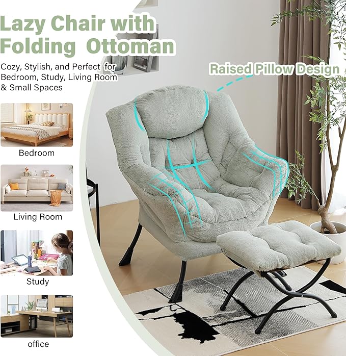 Lazy Chair with Ottoman, Modern Chair with Folding Footrest, Lounge Accent Chair, Comfortable Reading Chair (Plush Green)