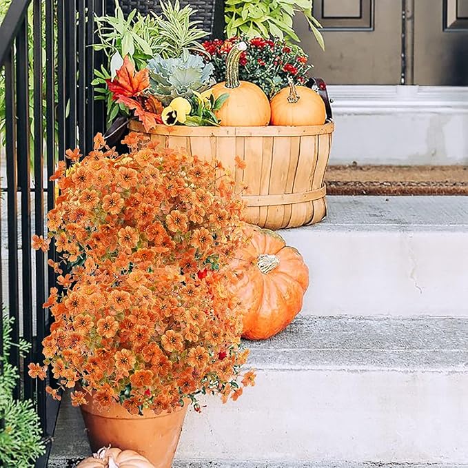 Agusbagli 24Pcs Artificial Fall Flowers Outdoor Autumn Fake Flowers UV Resistant Faux Plastic Greenery Shrub Plant for Wedding Home Garden Window Box Fireplace Thanksgiving Christmas Decor Orange