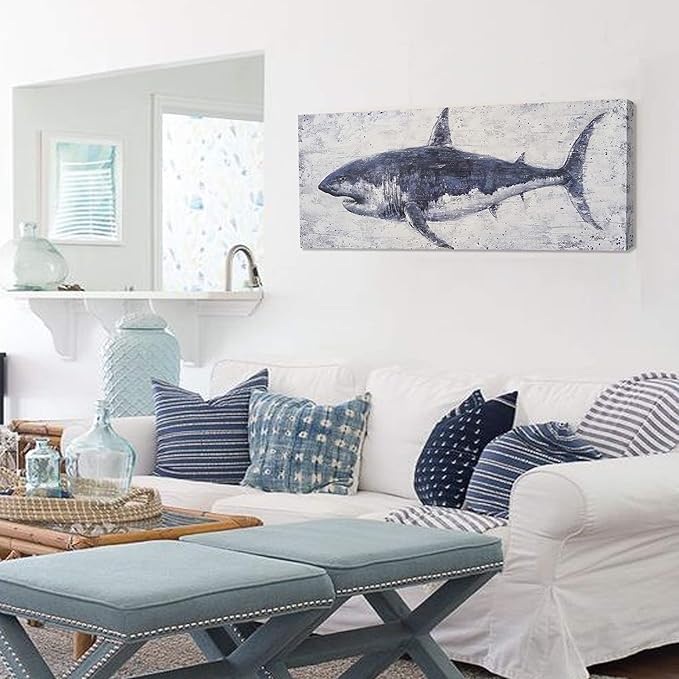NdcSkyArt Vintage Shark Canvas Wall Art: Nautical Decor for Coastal Home & Office