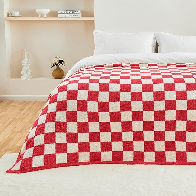 CozeCube Checkered Blanket, Ultra Soft Cozy Christmas Red and White Throw Blanket, Warm Cozy Knit Fuzzy Plush Checkerboard Throw for Couch Bed Sofa, 50"x60"