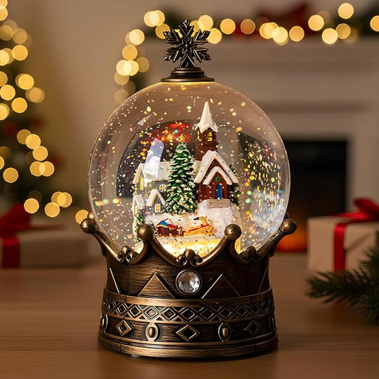 Christmas Snow Globe Lantern Water Glittering Village & Santa Crown with Music, USB Lined/Battery Operated Lighted Lantern for Christmas Festival Decoration Gifts
