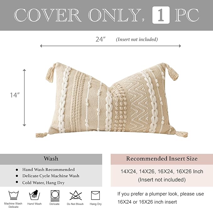 Decorative Lumbar Pillow Cover 14x24, Cream White Boho Accent Throw Pillow Case for Couch Sofa Bed, Modern Farmhouse Textured Lumbar Cushion Bedroom Living Room, Cover ONLY