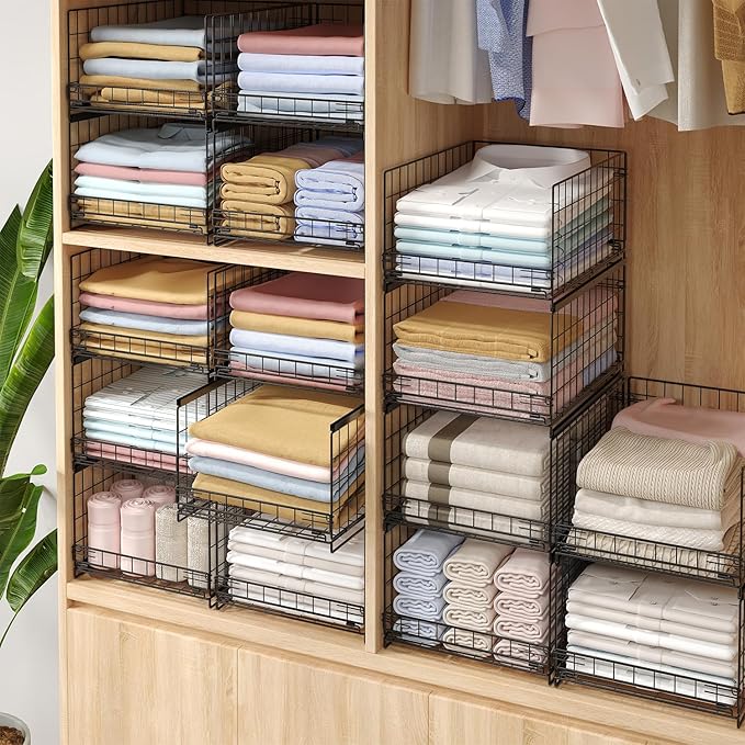 JKsmart 3-Tier Stackable Closet Organizers and Drawer Storage Shelves - Sliding Storage Bins for Jeans, Pants, and Sweaters - Wardrobe Cupboard Organizer for Closet Organization-Black