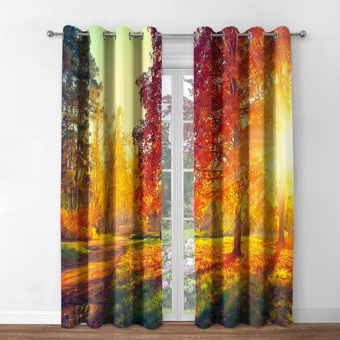 Jekeno Forest Blackout Curtains Jungle Autumn Tree Orange Leaves Sunlight Print Fall Nature Scenic Decor Home Bedroom Living Room Grommet Window Drapes 2 Panel Set, 42"x84"