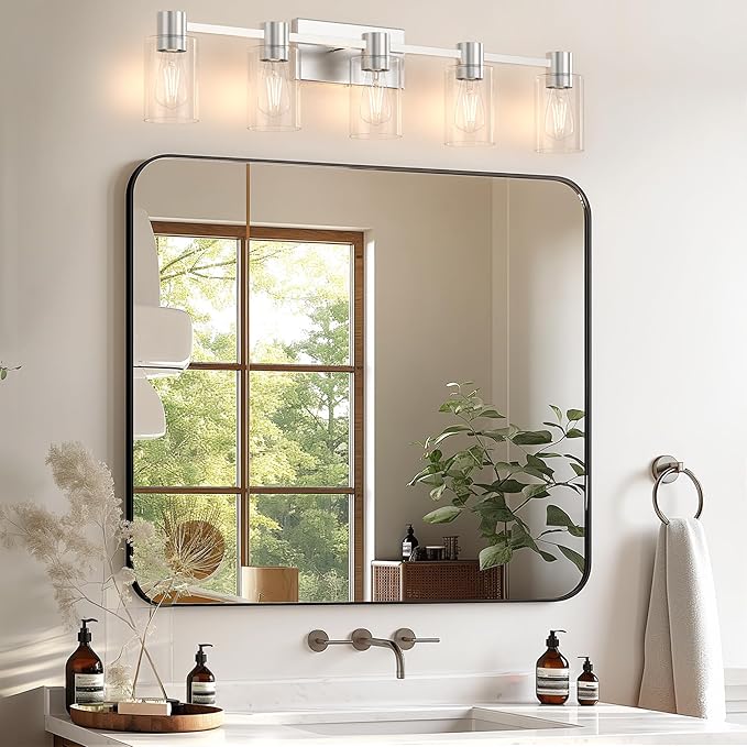 5-Light Modern Vanity Light Fixtures Over Mirror, Brushed Nickel Bathroom Light Fixtures, Vanity Lights, Wall Sconce with Clear Glass Shade for Bathroom, E26 Base