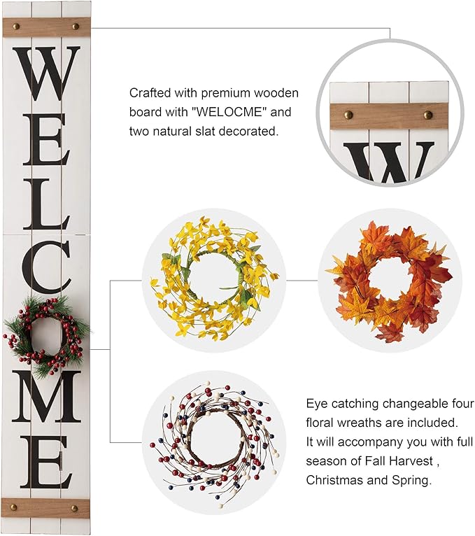 Glitzhome Welcome Sign with 4 Interchangeable Floral Wreaths for Front Door Porch, Farmhouse Wooden Hanging Wall Sign for Seasons Spring Fall Harvest Thanksgiving Christmas, 60”H, White